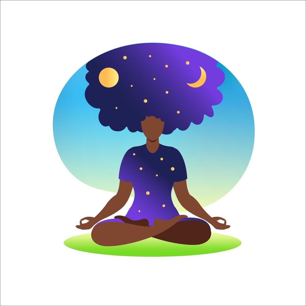 African woman meditating with nature background and her hair up. Meditation concept. Woman sitting in lotus position practicing meditation. in lotus pose. Vector illustration in flat style.