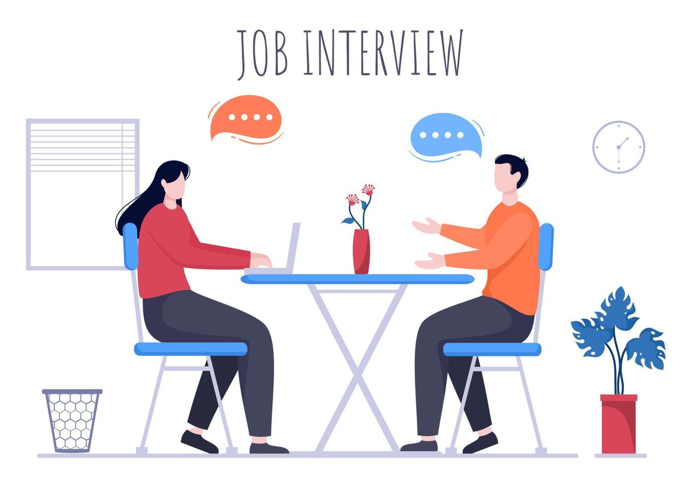 reunión de entrevista de trabajo, candidato y gerente de recursos humanos. idea de empleo y contratación, hombre o mujer de negocios en la mesa, ilustración vectorial para conversación, carrera, concepto de recursos humanos vector