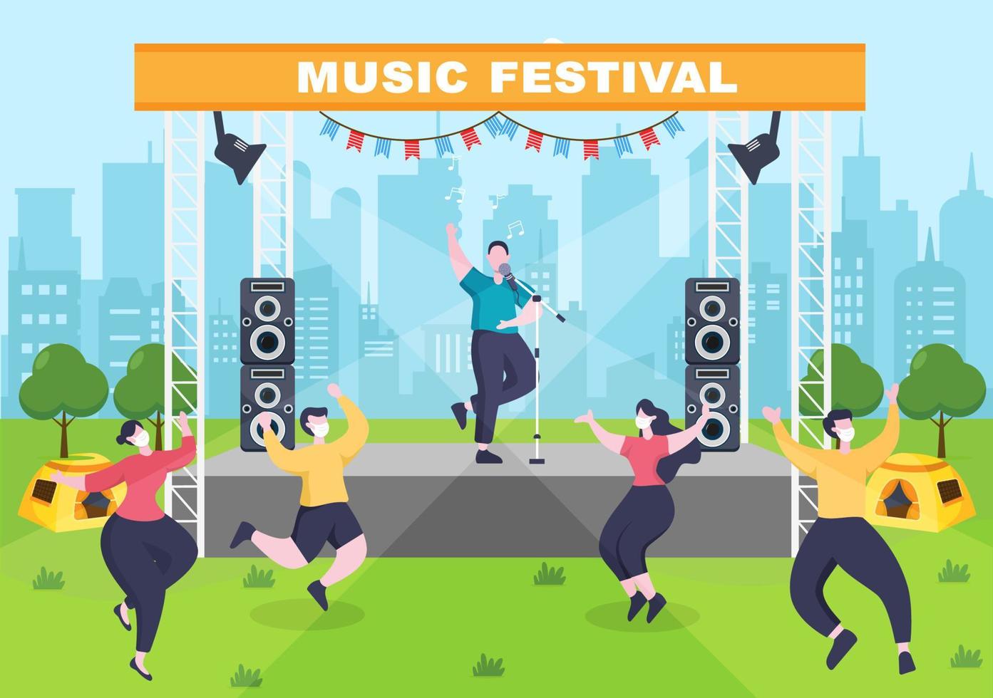Ilustración de vector de fondo de festival de música con instrumentos musicales y actuación de canto en vivo para plantilla de cartel, pancarta o folleto