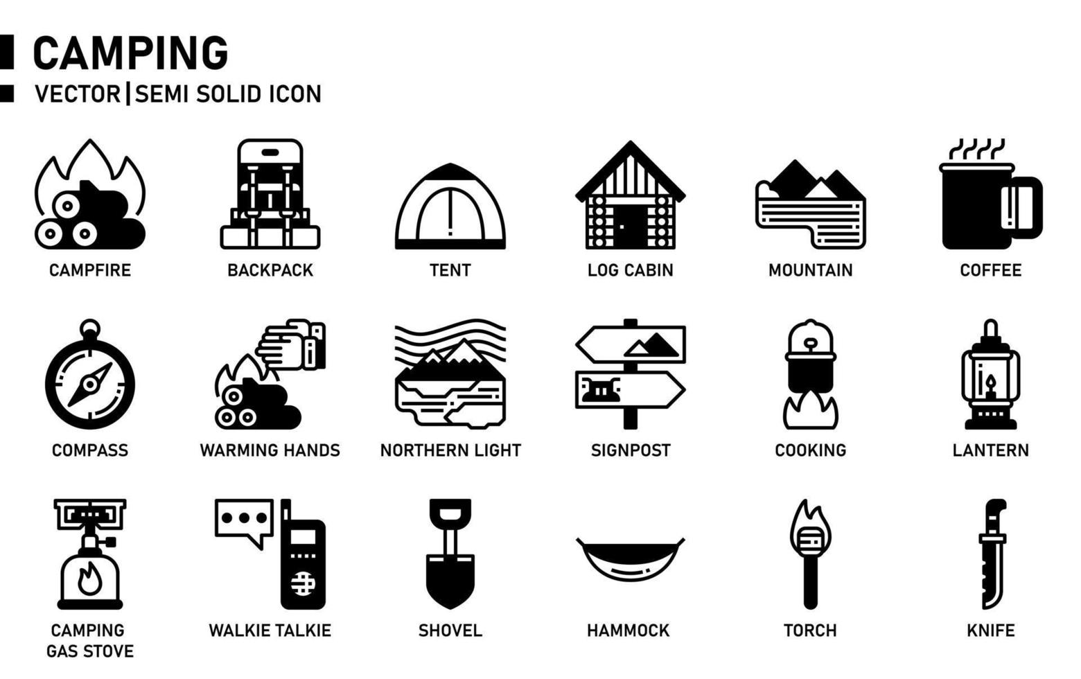 icono de camping semi sólido vector