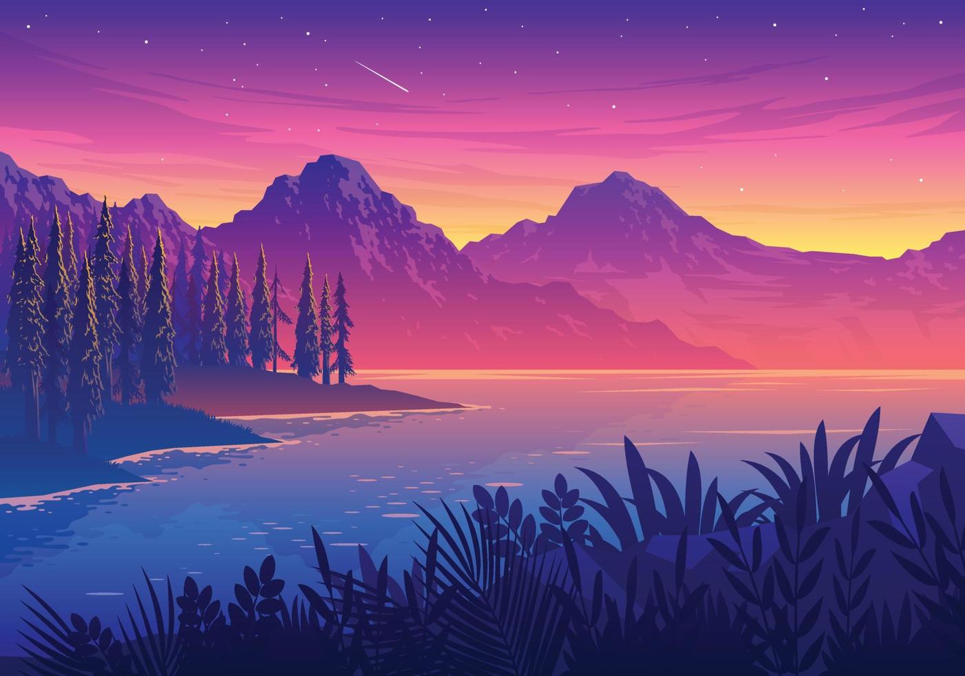 ilustración de paisaje de lago al atardecer vector