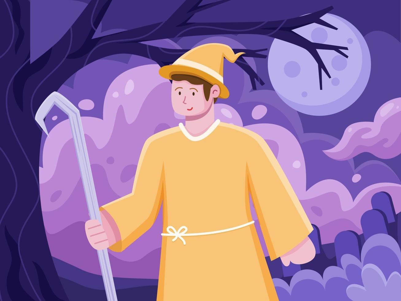 Flat illustration of People celebrates Halloween  wears a witch costume. Halloween Celebration Fun Party. Halloween character illustration. Can be used for greeting card, invitation, postcard, poster. vector