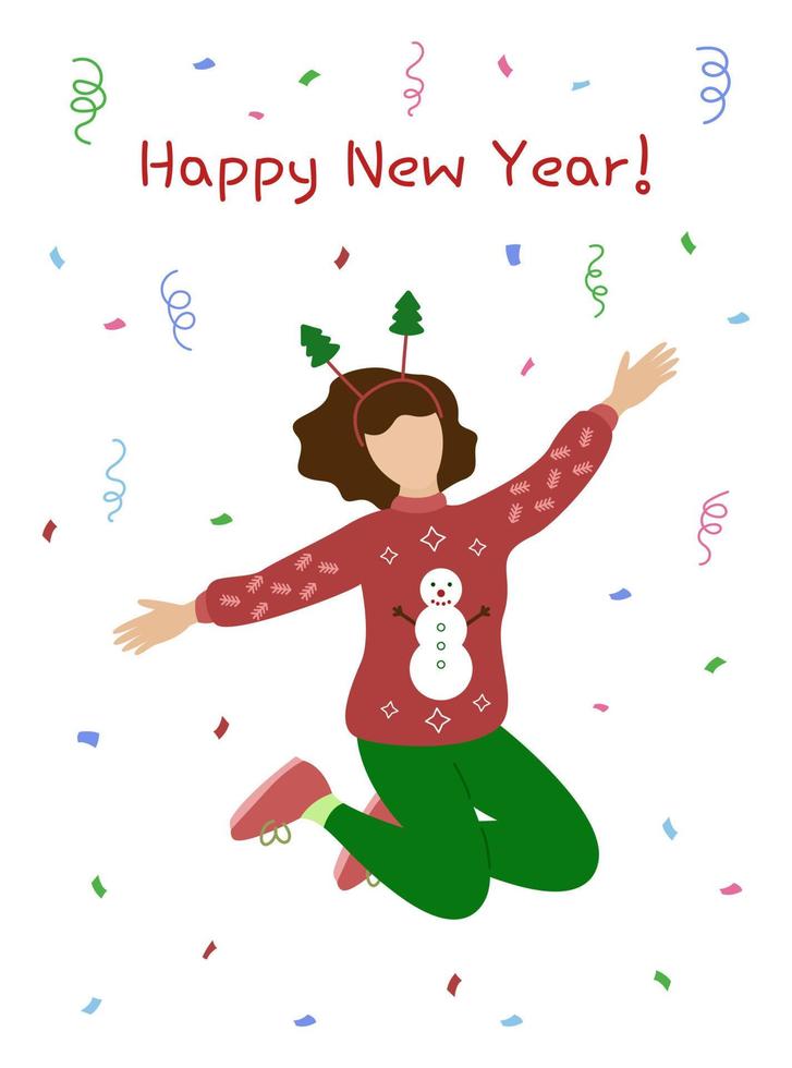 Happy New Year greeting card. Woman in sweater jumps and has fun. New Year party with confetti. Vector illustration