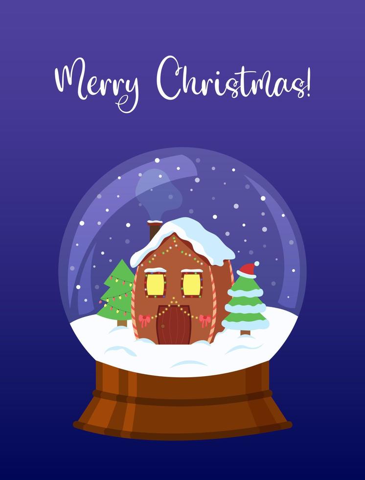 Snowball with decorated house and trees. Christmas greeting card. Crystal snow ball isolated. Merry Christmas text. Vector illustration