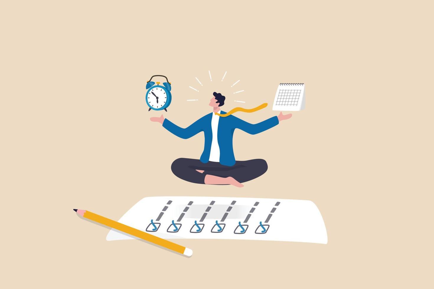 Self discipline or self control to complete work or achieve business target, time management to increase productivity concept, businessman meditate balancing clock and calendar on completed task paper vector