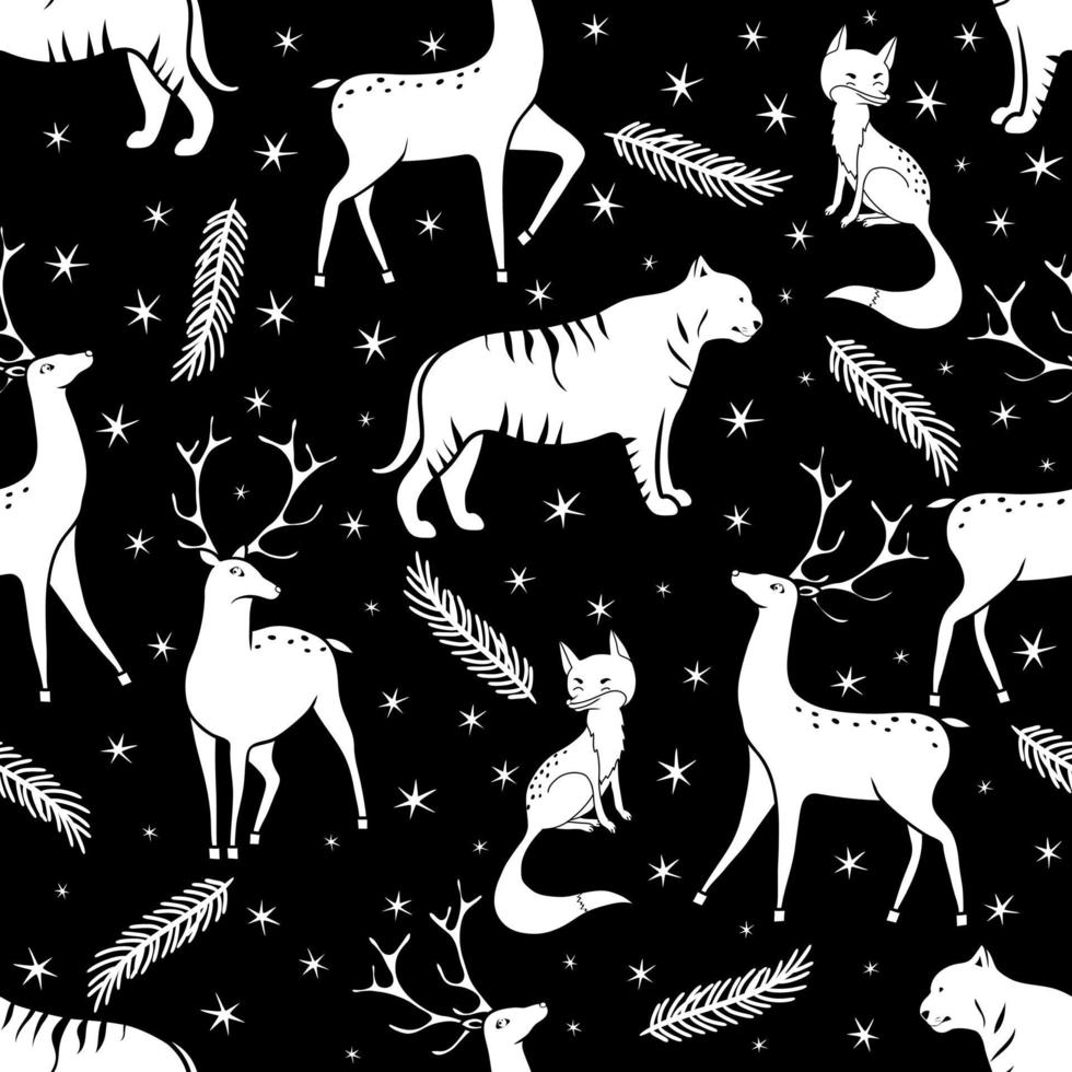 Christmas background. Seamless pattern with tigers, fox, deers and snowflakes. Vector forest illustration.