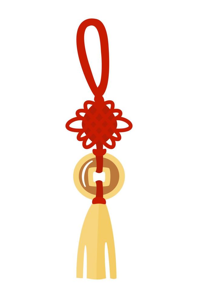 Cartoon chinese feng shui lucky coin. Hanging mascot, asian symbol of luck and wealth. Chinese New Year ancient talisman. vector