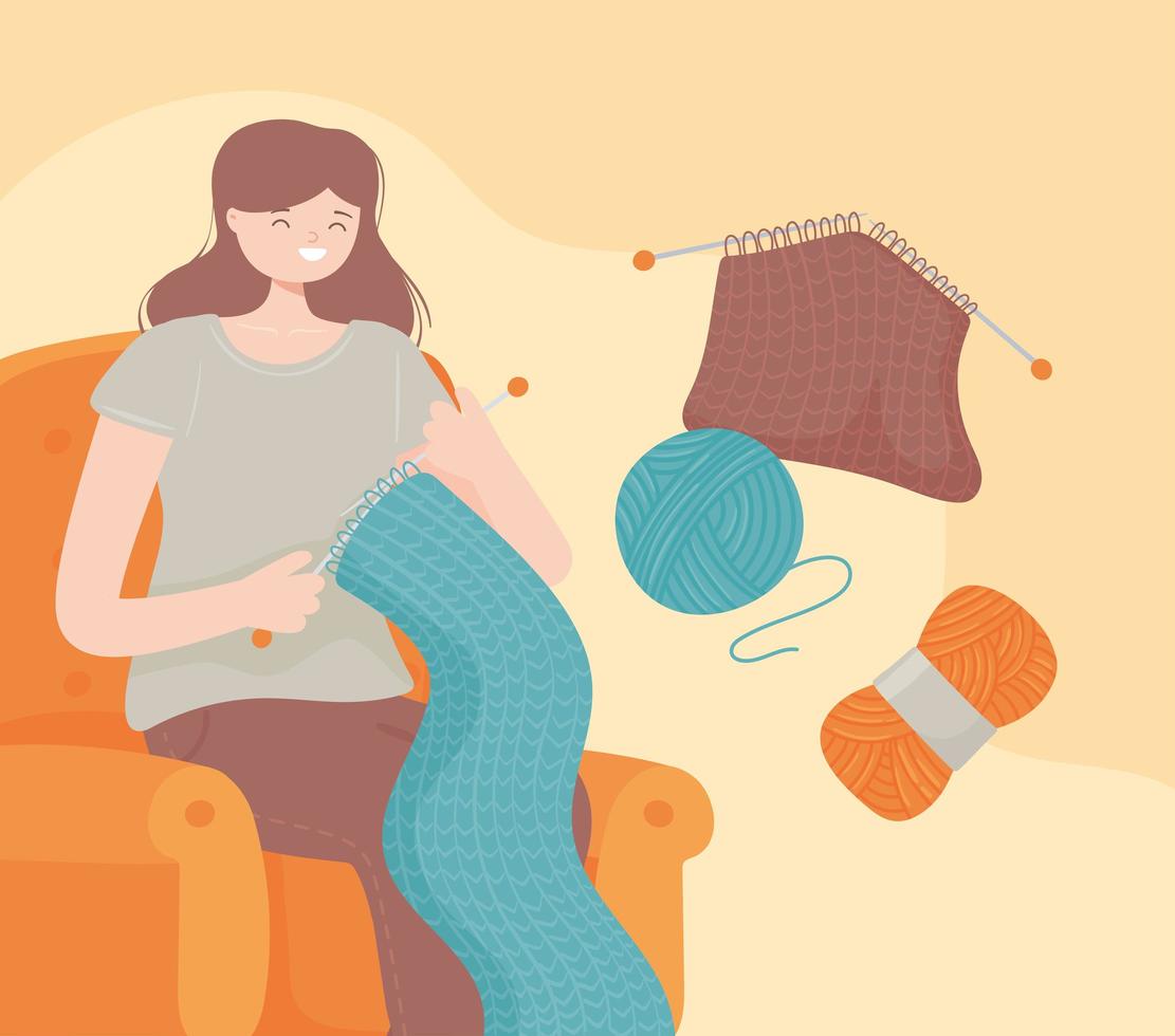 woman knitting with yarn balls vector