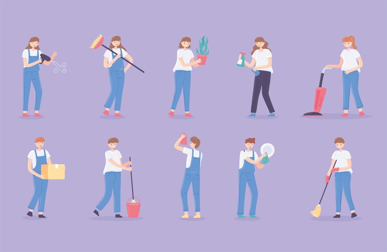 set of people doing housework vector