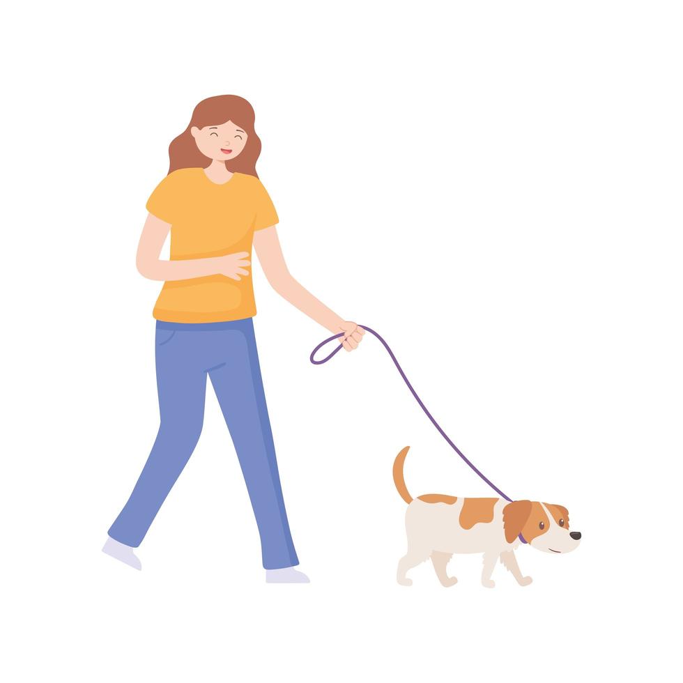 niña feliz caminando con perro vector