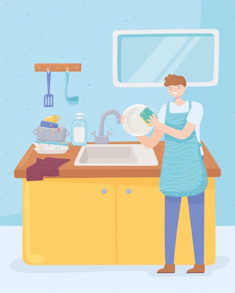 hombre lavando en la cocina vector