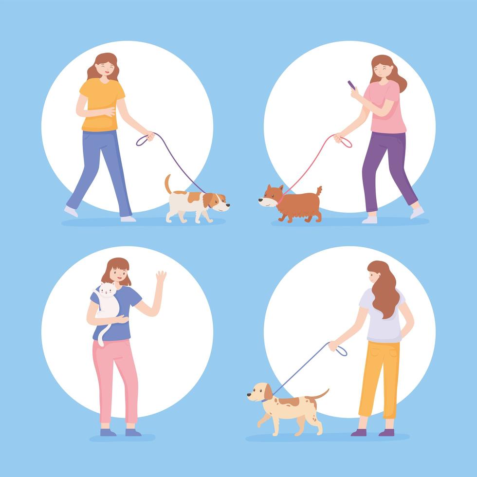 icons set women with pets vector