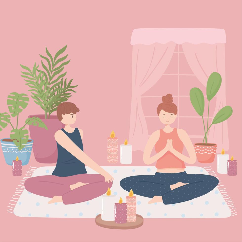 couple doing yoga at home vector