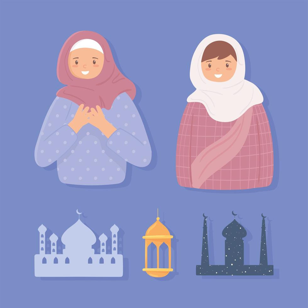 Establecer mujeres musulmanas y templo. vector