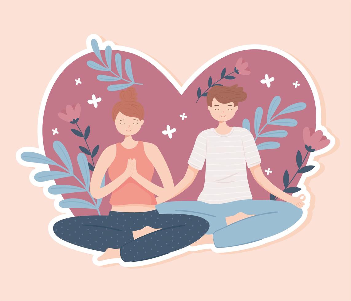 mujer y hombre haciendo yoga vector