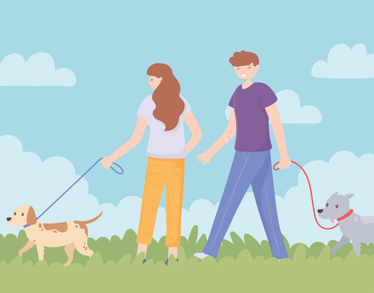 couple outside with dogs vector