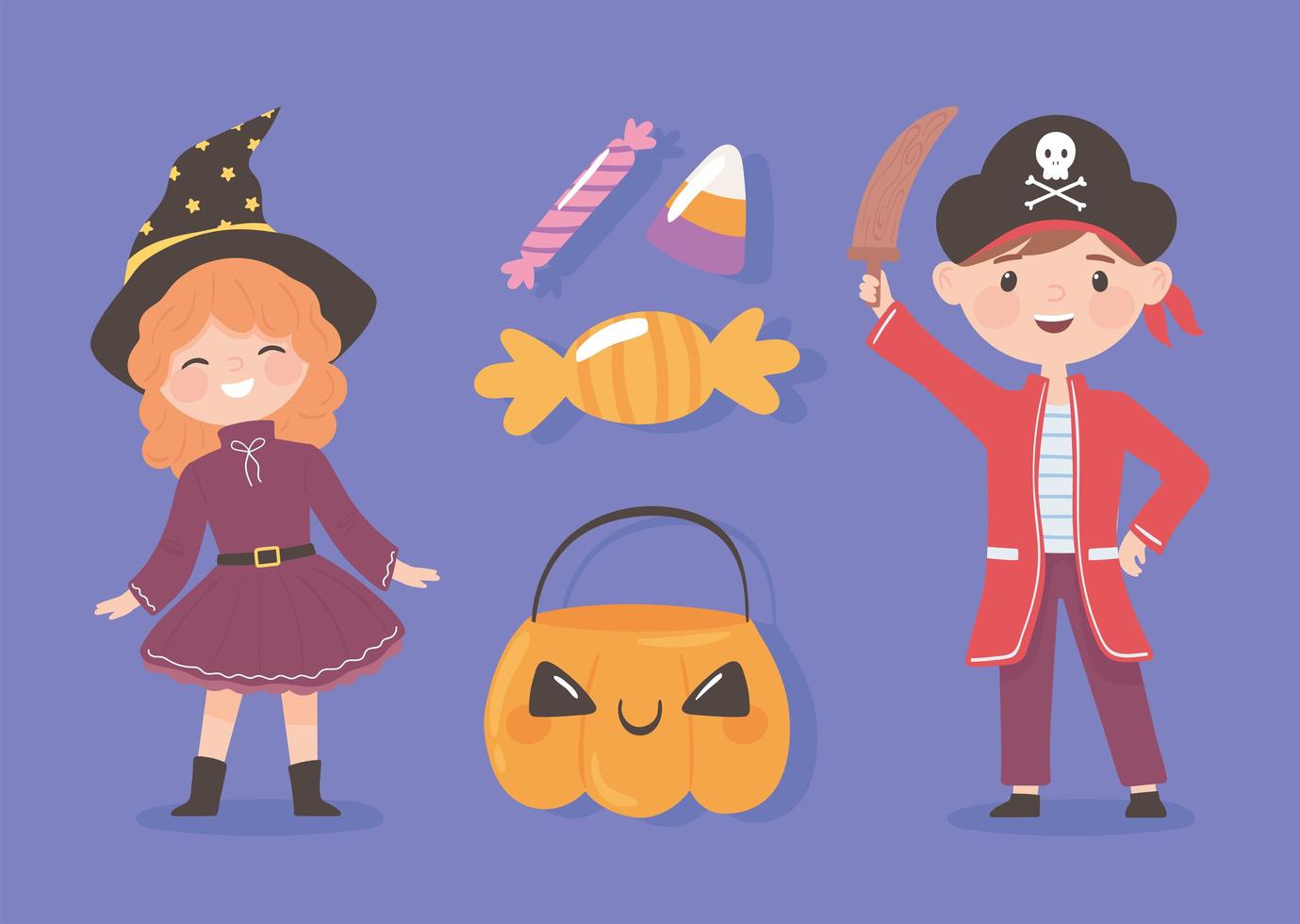 kids with halloween candies vector