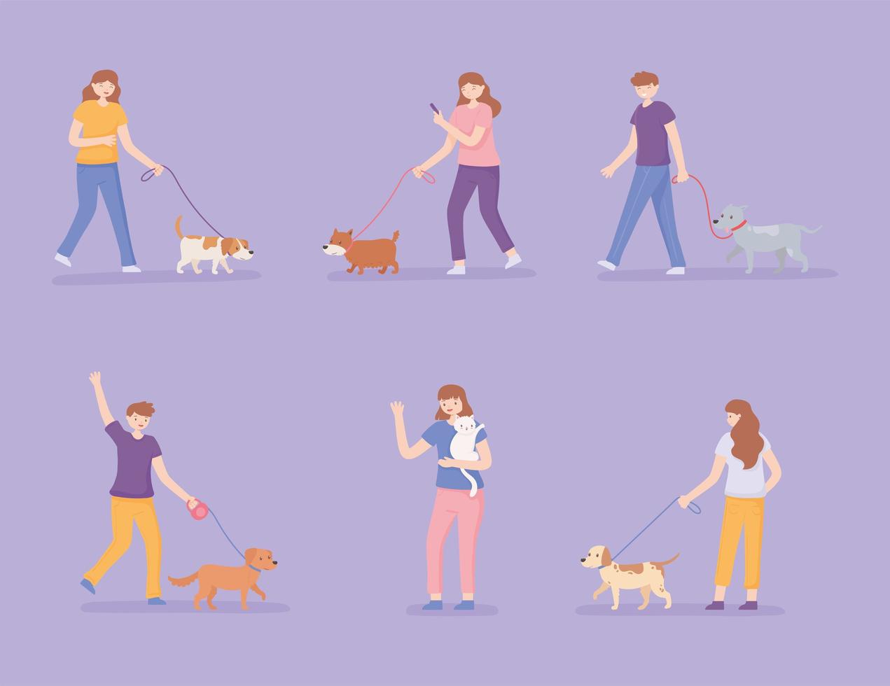 set of people walking dogs vector