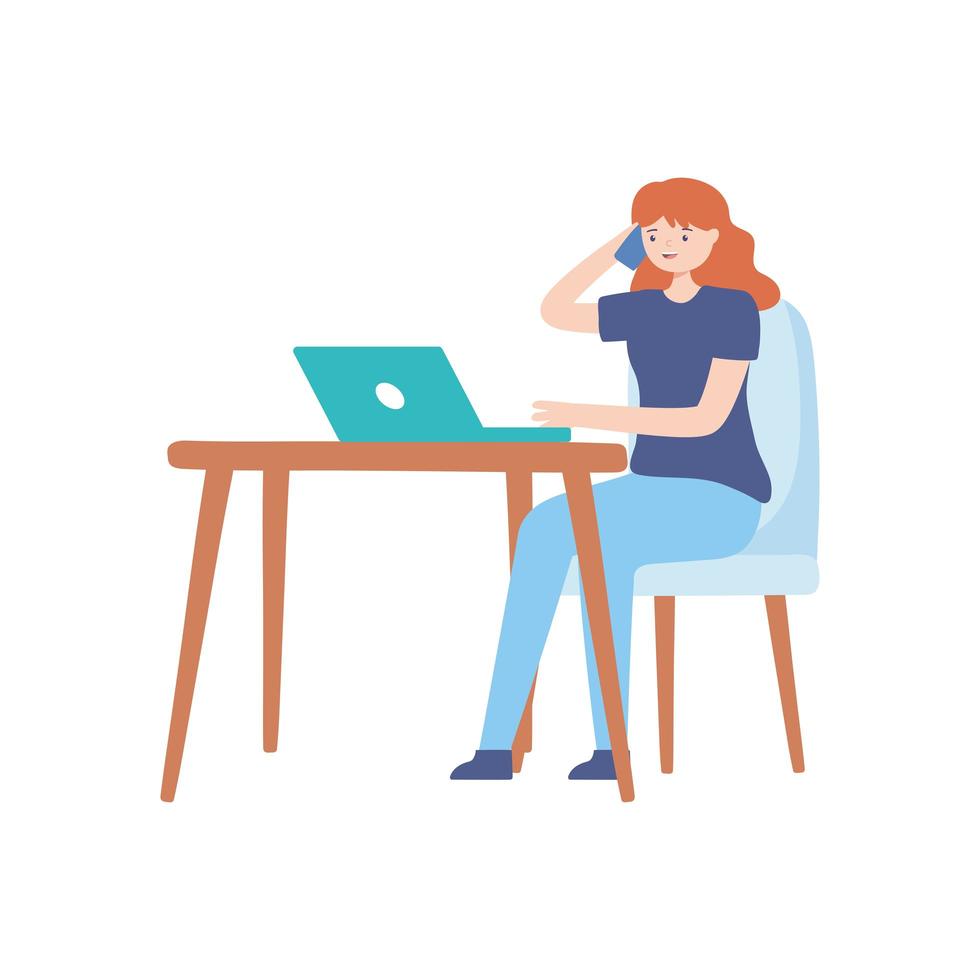 girl using phone and laptop vector
