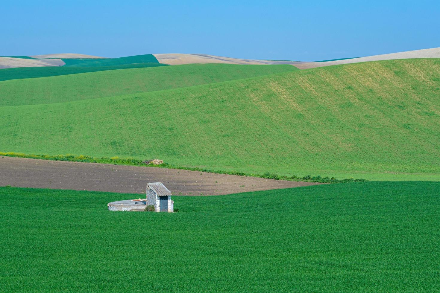 Tierras agrícolas montañosas rurales con cobertizo blanco foto