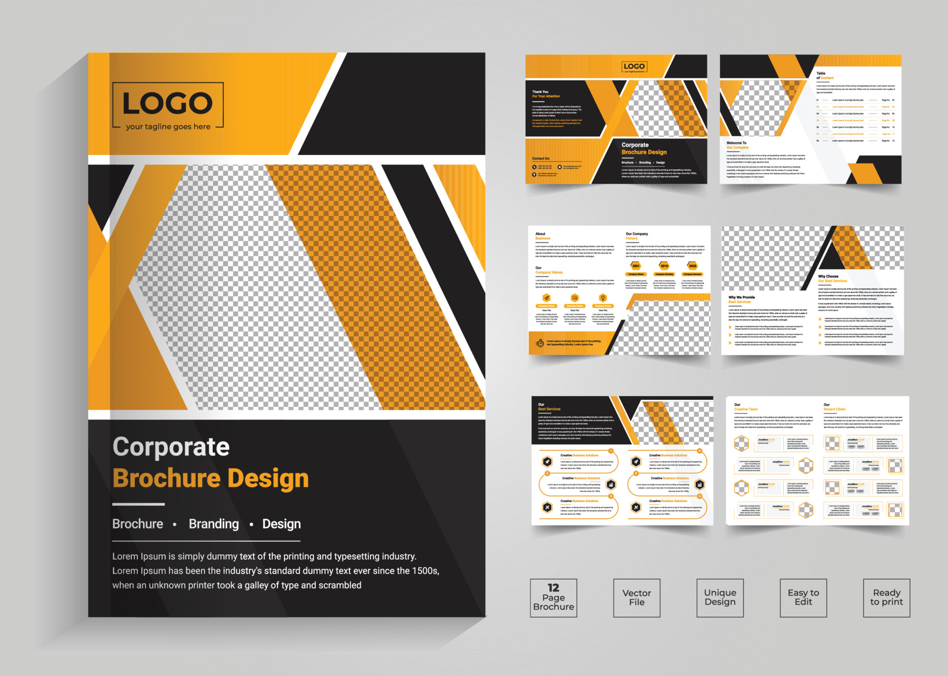 Minimal and clean geometric design of 21 page yellow color Throughout 12 Page Brochure Template