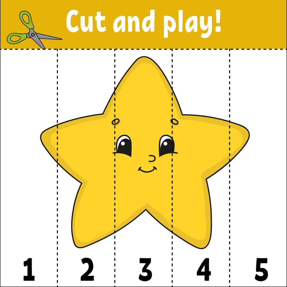 Learning numbers. Cut and play. Education developing worksheet. Game for kids. Activity page. Puzzle for children. Riddle for preschool. Flat isolated vector illustration. Cute cartoon style.