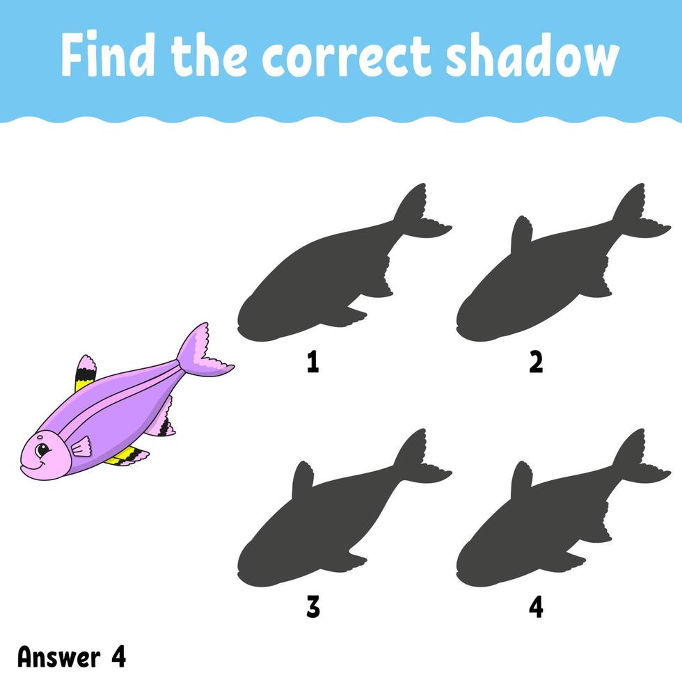 Find the correct shadow. Draw a line. Education developing worksheet. Game for kids. Activity page. Puzzle for children. Riddle for preschool. Isolated vector illustration. Cartoon style.