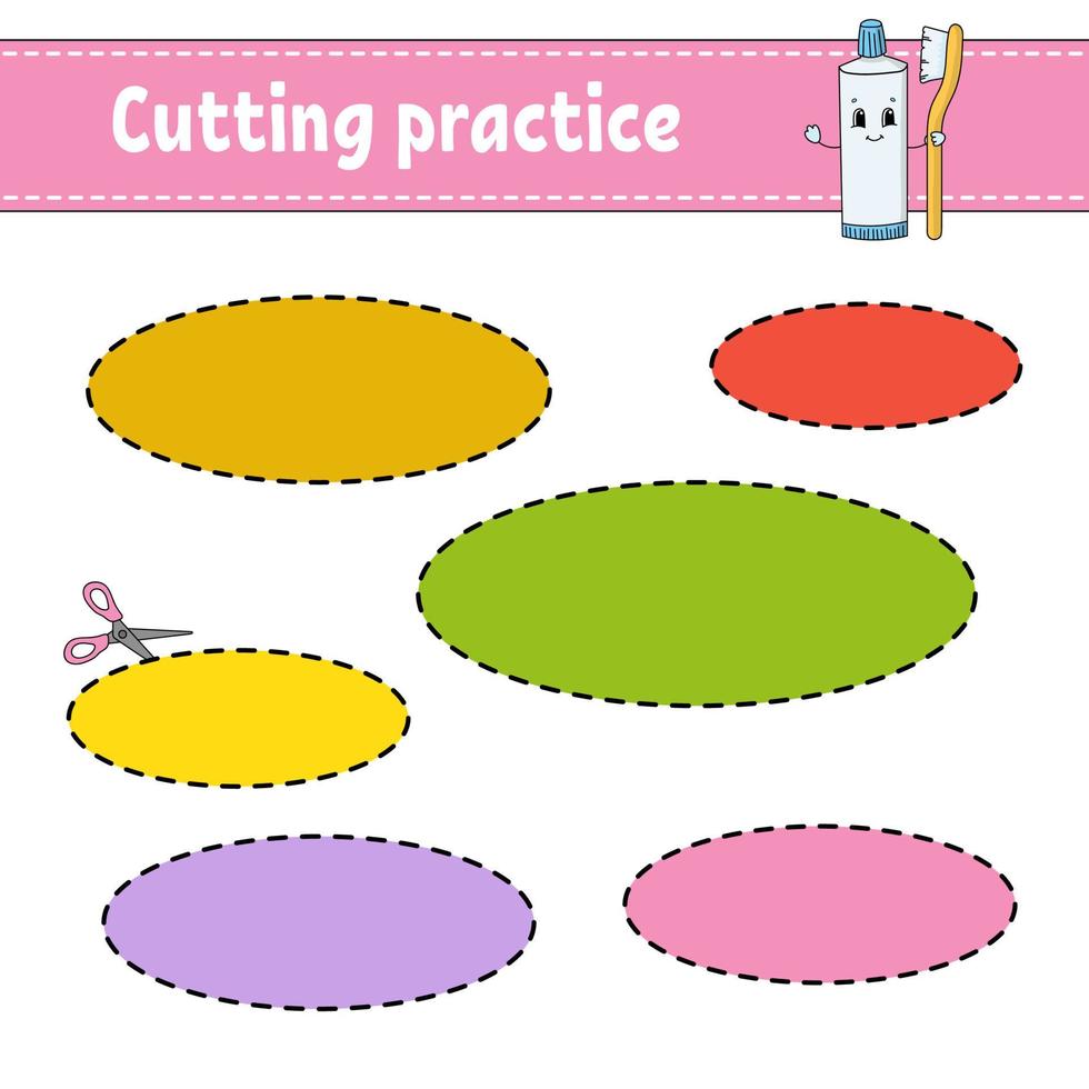 Cutting practice for kids. Education developing worksheet. Activity page with pictures. Game for children. Isolated vector illustration. Funny character. Cartoon style.