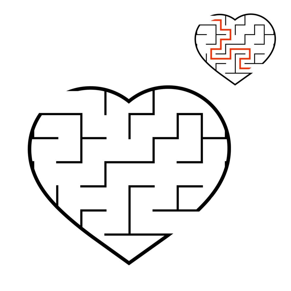 Black labyrinth heart. Game for kids. Puzzle for children. Maze conundrum. Valentine's Day. Flat vector illustration isolated on white background. With answer.