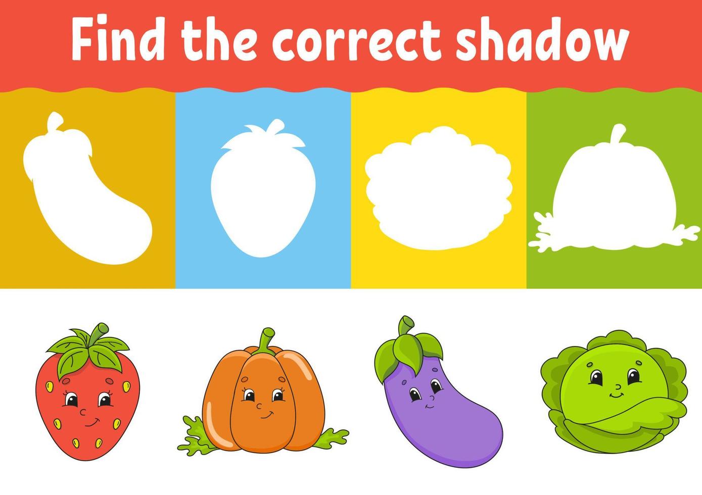 Find the correct shadow. Education developing worksheet. Matching game for kids. Activity page. Puzzle for children. Riddle for preschool. Cute character. Isolated vector illustration. Cartoon style.