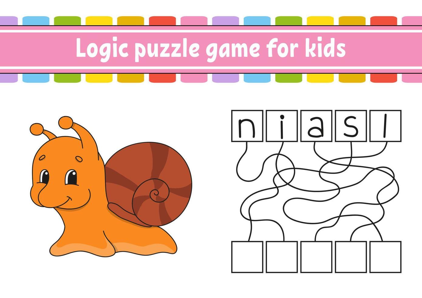 Logic puzzle game. Learning words for kids. Find the hidden name. Education developing worksheet. Activity page for study English. Game for children. Isolated vector illustration. Cartoon style.