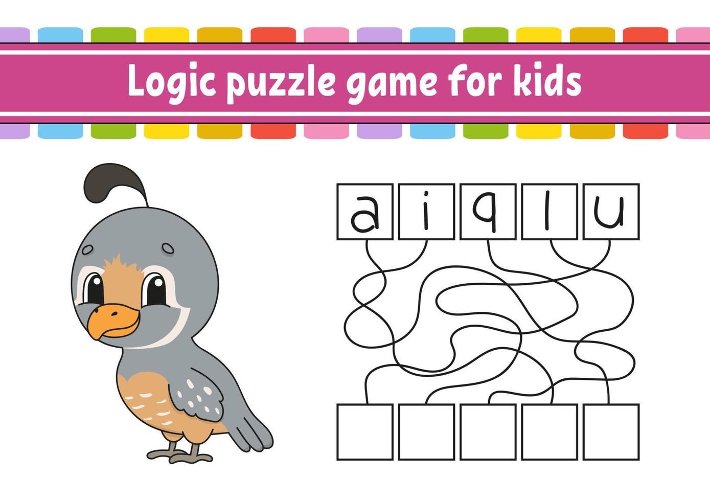 Logic puzzle game. Learning words for kids. Find the hidden name. Education developing worksheet. Activity page for study English. Game for children. Isolated vector illustration. Cartoon style.