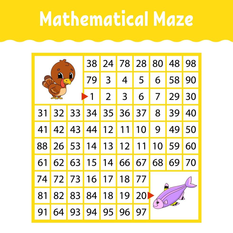 Mathematical colored square maze. Education developing worksheet. Game for kids. Puzzle for children. The study of numbers. Labyrinth conundrum. Flat vector illustration isolated on white background