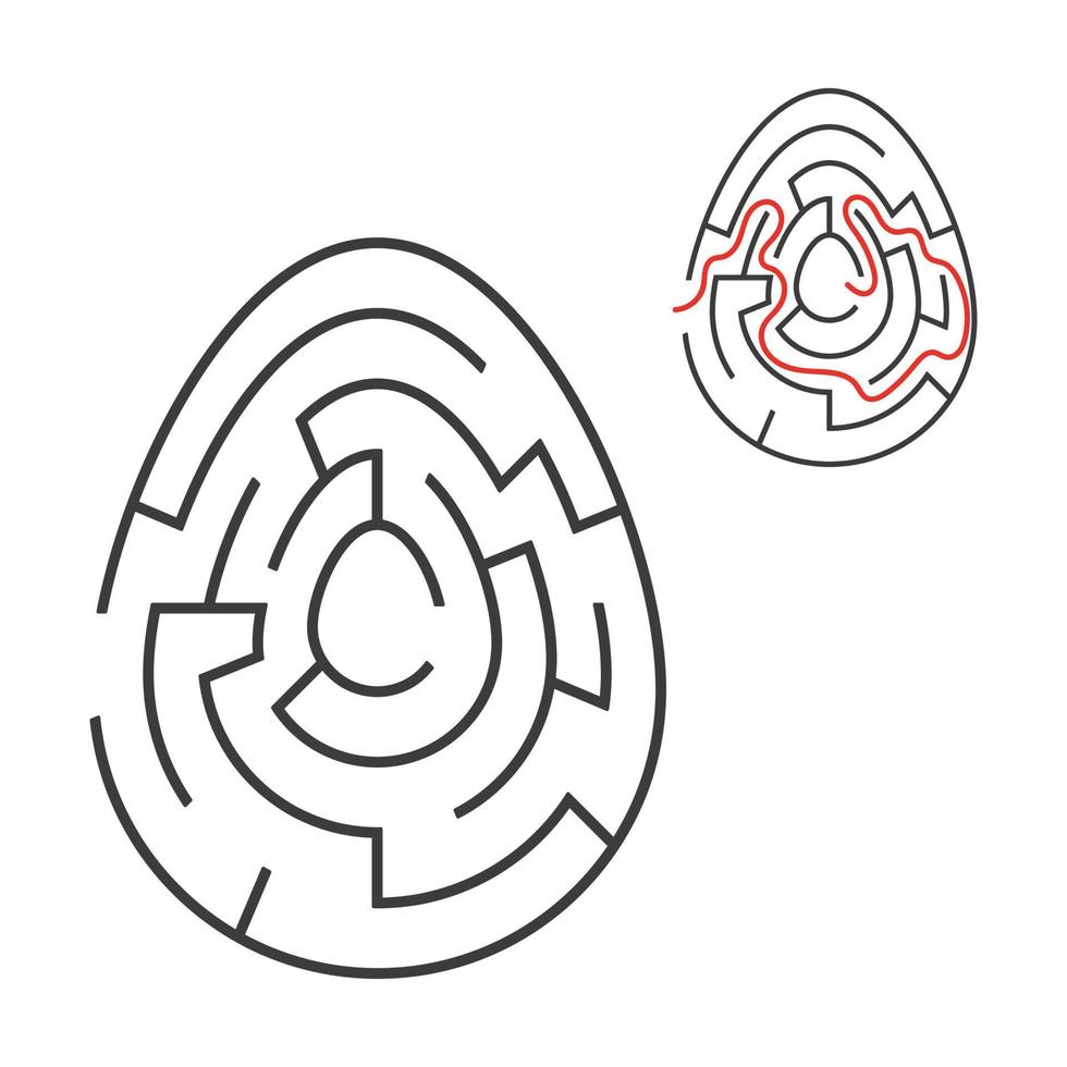 Black oval labyrinth. Game for kids. Puzzle for children. Holiday, egg, Easter. Maze conundrum. Flat vector illustration isolated on white background. With answer.