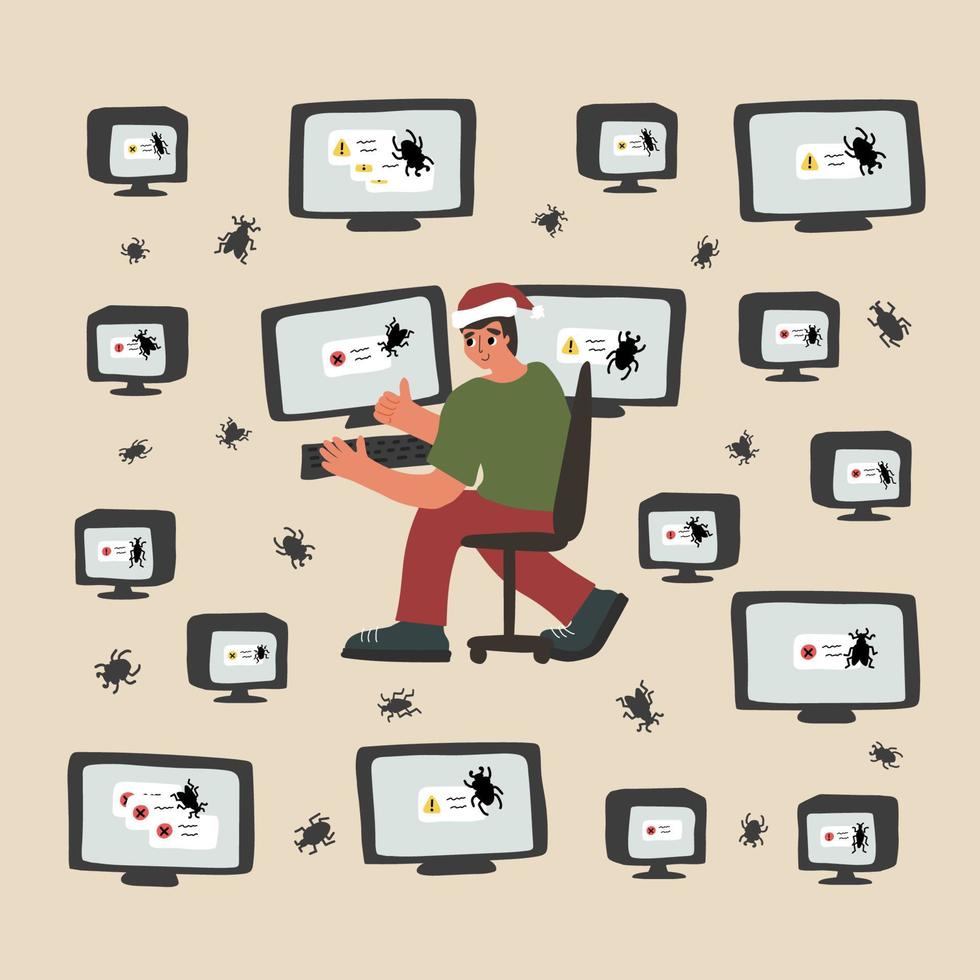 error en la pantalla del monitor y el hombre con sombrero de santa cerca de la computadora es feliz en Navidad, muestra el pulgar hacia arriba. Es miembro del equipo de la profesión de soporte, desarrollador o ingeniero de qa. ilustración de dibujos animados de vector
