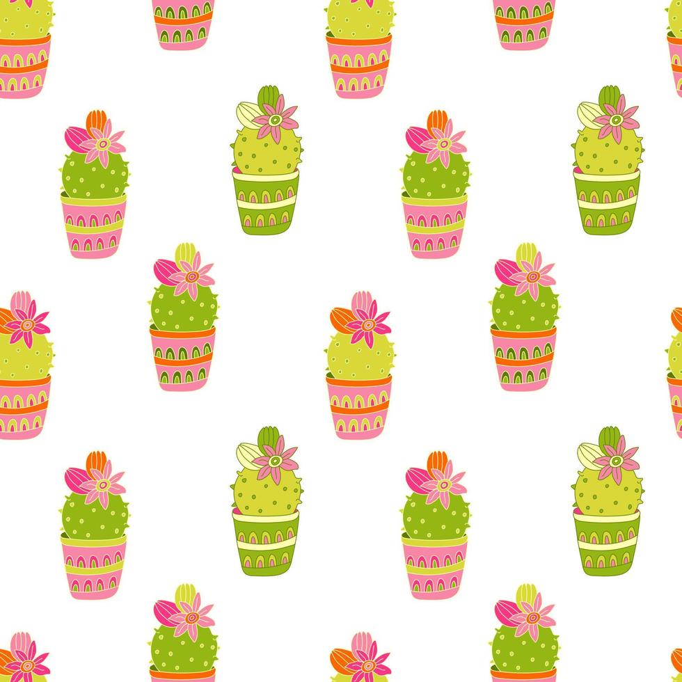 Seamless pattern with bright cactuses color doodle illustration vector