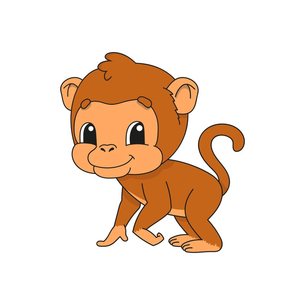 Brown monkey. Cute flat vector illustration in childish cartoon style. Funny character. Isolated on white background.