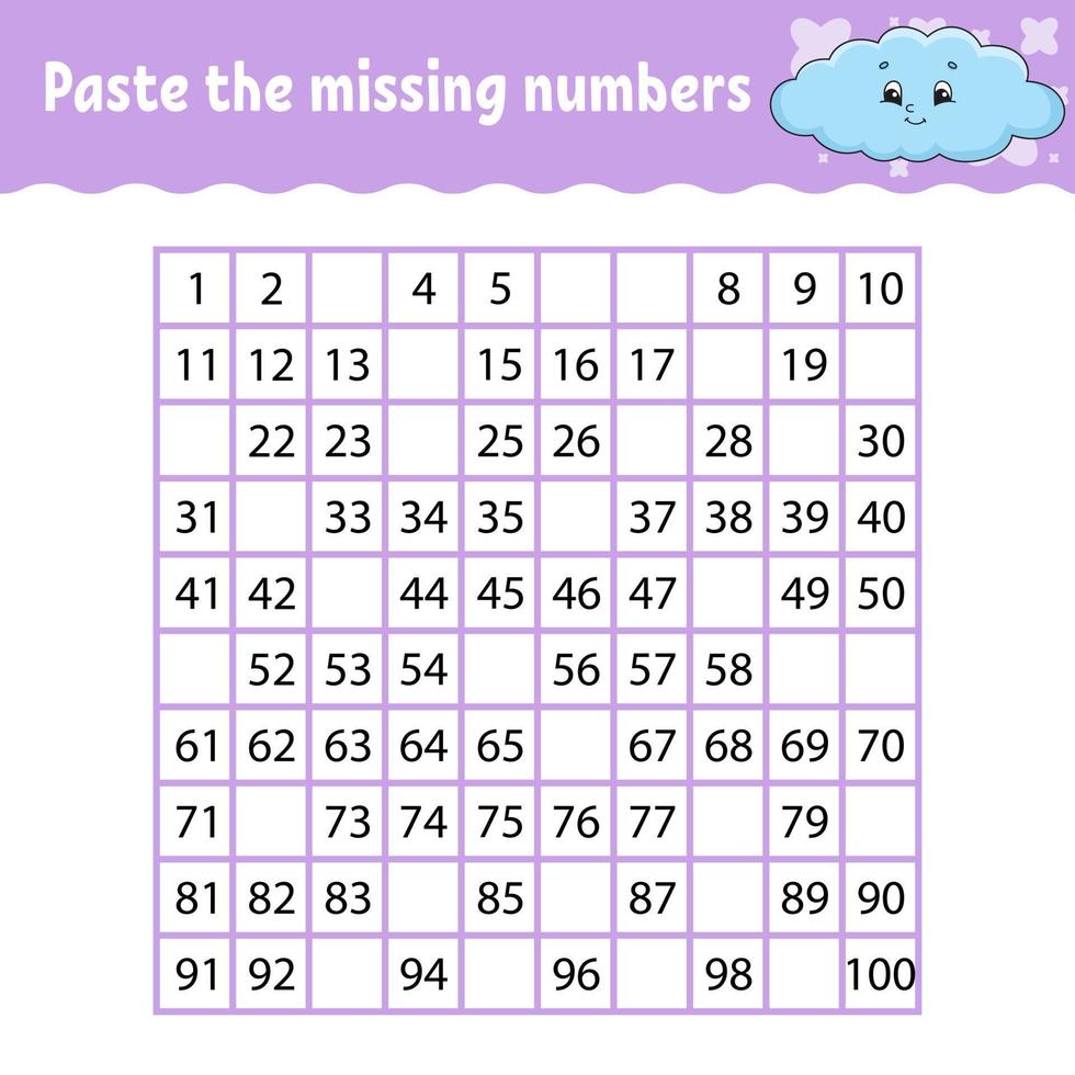 Paste the missing numbers. Handwriting practice. Learning numbers for kids. Education developing worksheet. Activity page. Game for children. Isolated vector illustration in cute cartoon style.