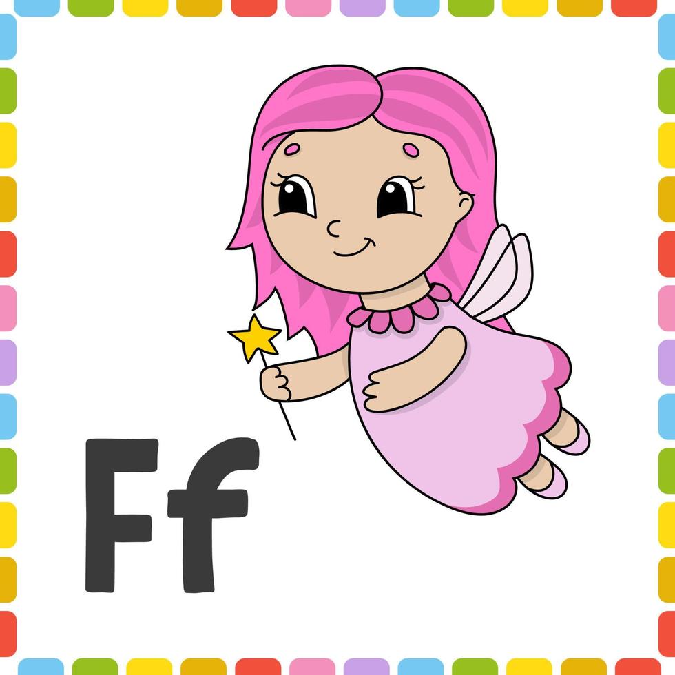 Funny alphabet. ABC flash cards. Cartoon cute character isolated on white background. For kids education. Learning letters. Vector illustration.