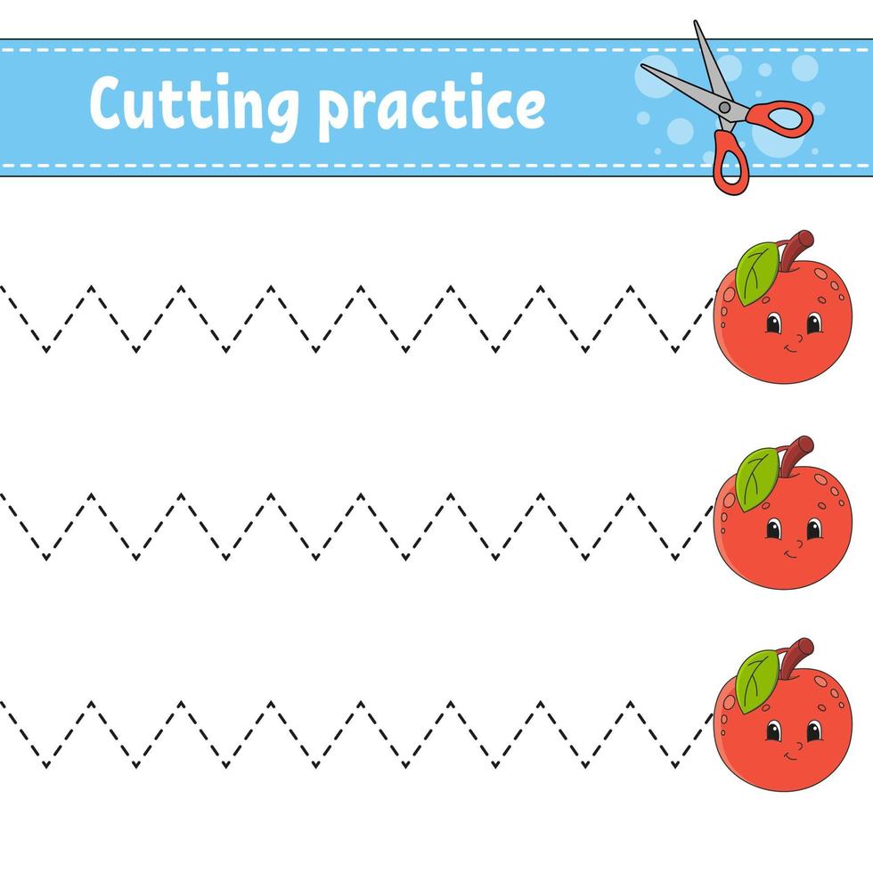 Cutting practice for kids. Education developing worksheet. Activity page with pictures. Game for children. Isolated vector illustration. Funny character. Cartoon style.