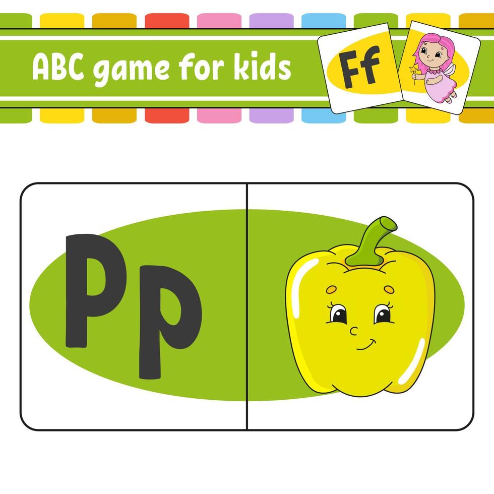 ABC flash cards. Alphabet for kids. Learning letters. Education developing worksheet. Activity page for study English. Game for children. Funny character. Isolated vector illustration. Cartoon style.