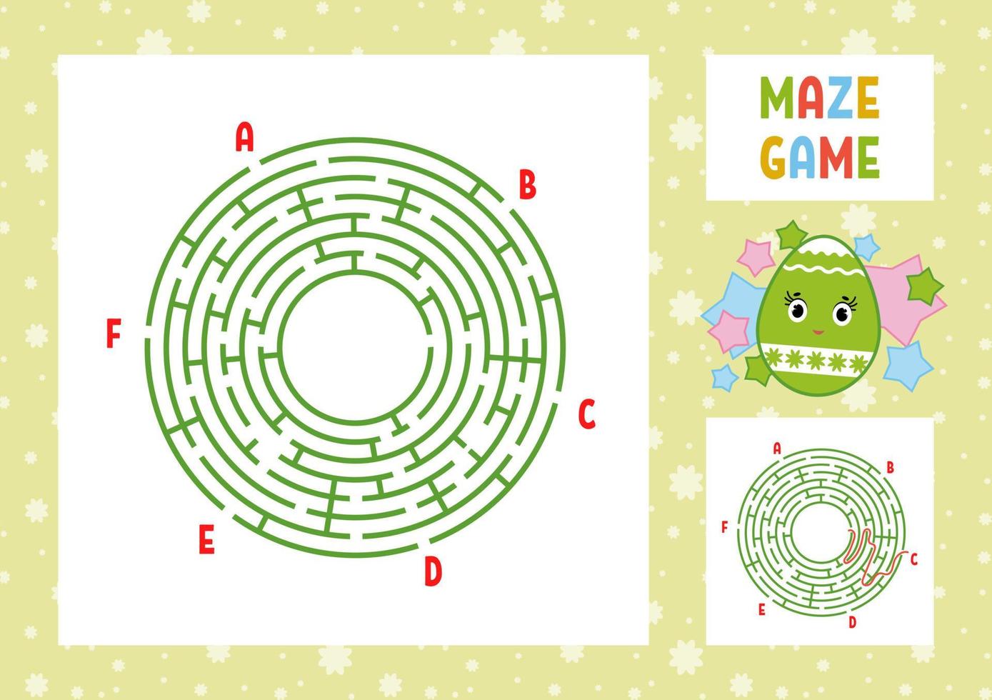 Color round labyrinth. Kids worksheets. Activity page. Game puzzle for children. Cute cartoon egg. Holiday Easter. Maze conundrum. Vector illustration. With answer. With place for your image.
