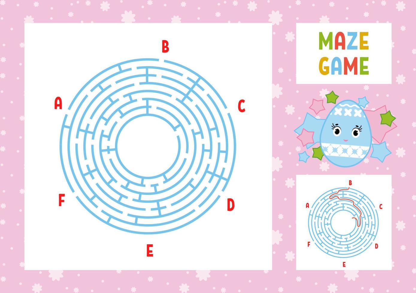 Color round labyrinth. Kids worksheets. Activity page. Game puzzle for children. Cute cartoon egg. Holiday Easter. Maze conundrum. Vector illustration. With answer. With place for your image.