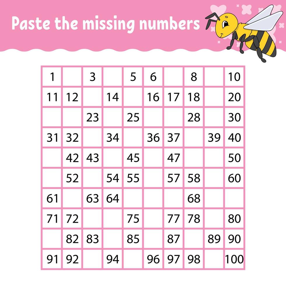 Paste the missing numbers. Handwriting practice. Learning numbers for kids. Education developing worksheet. Activity page. Game for children. Isolated vector illustration in cute cartoon style.