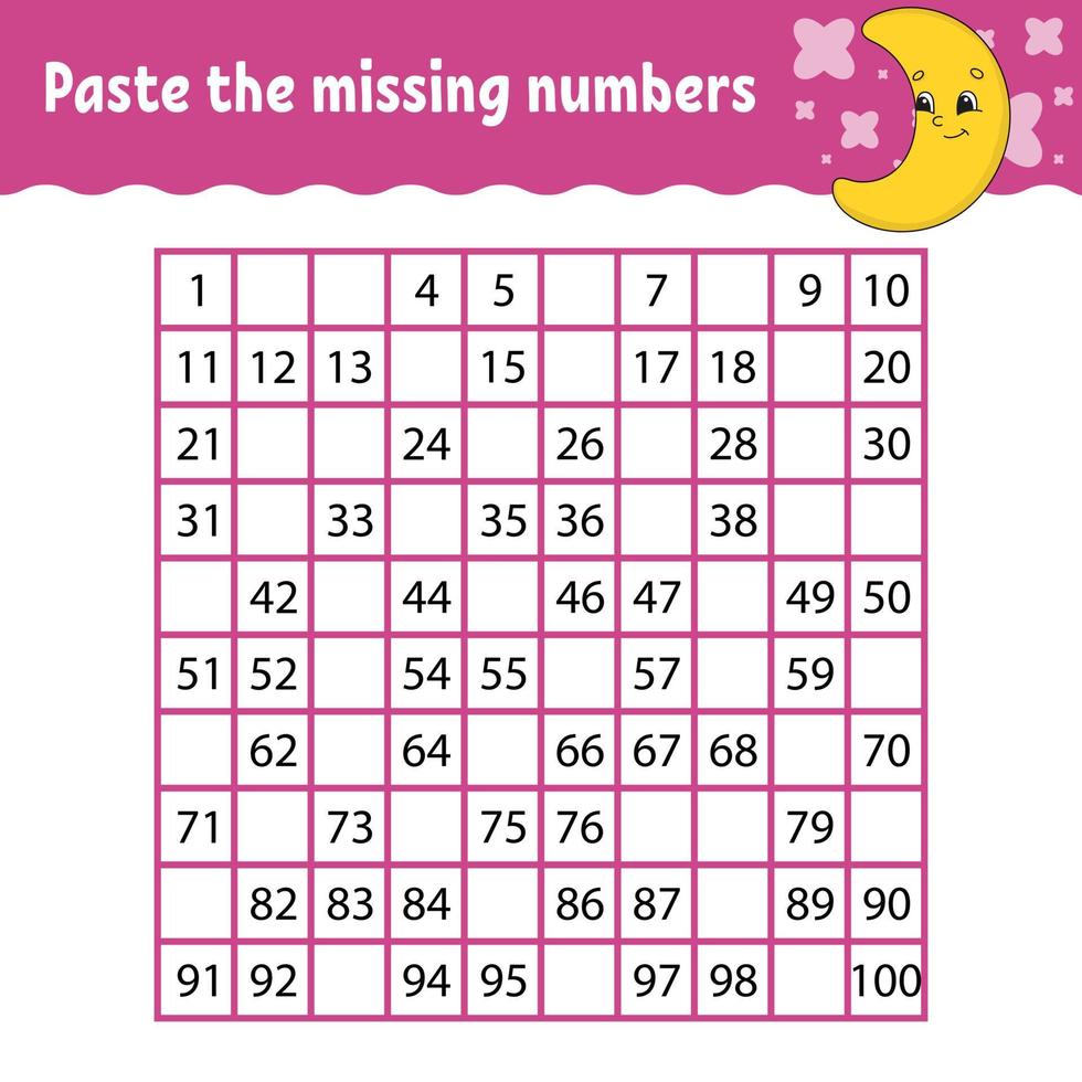 Paste the missing numbers. Handwriting practice. Learning numbers for kids. Education developing worksheet. Activity page. Game for children. Isolated vector illustration in cute cartoon style.