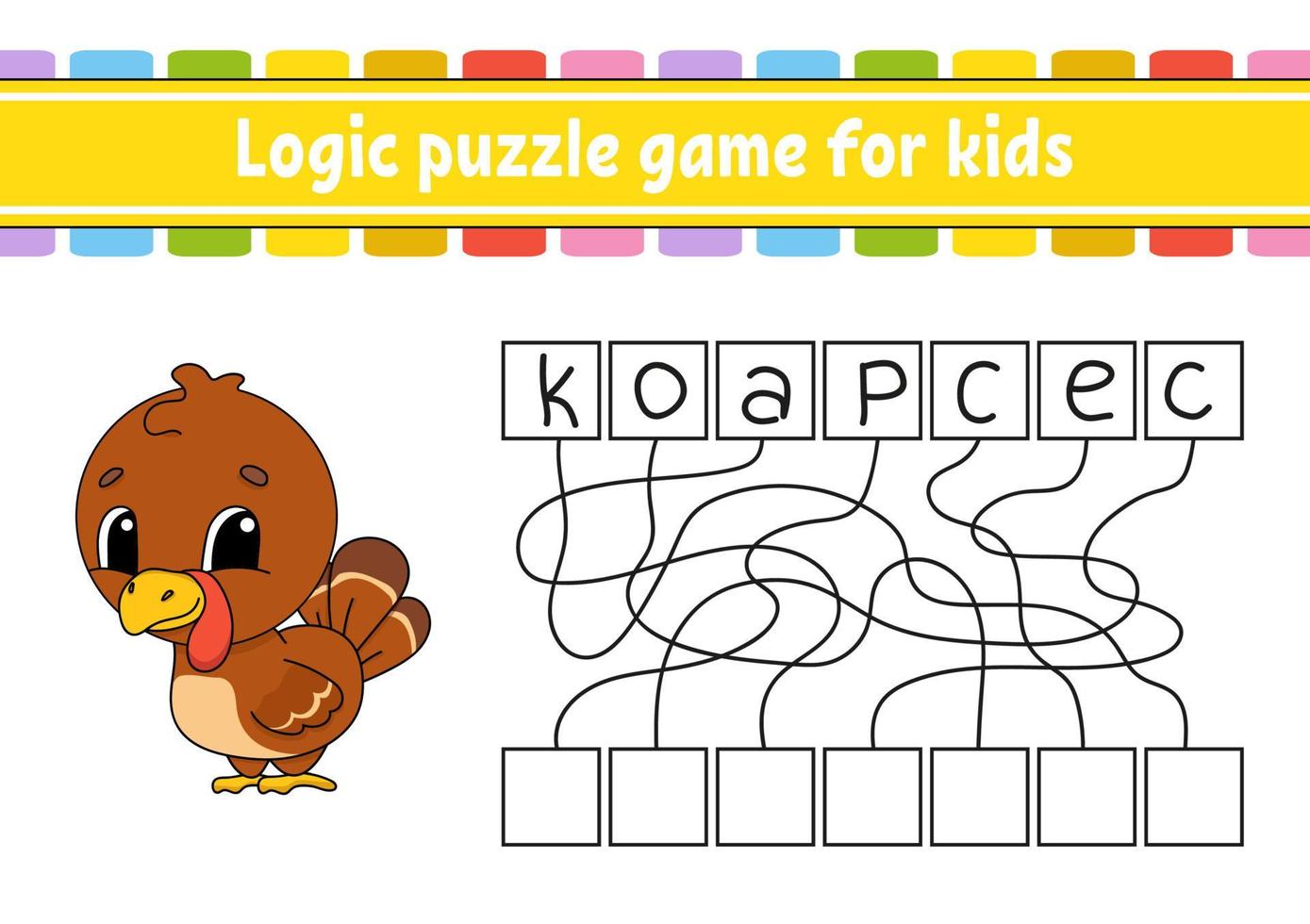 Logic puzzle game. Learning words for kids. Find the hidden name. Education developing worksheet. Activity page for study English. Game for children. Isolated vector illustration. Cartoon style.