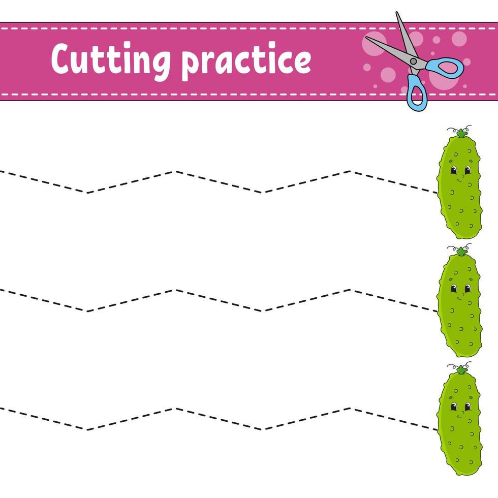 Cutting practice for kids. Education developing worksheet. Activity page with pictures. Game for children. Isolated vector illustration. Funny character. Cartoon style.