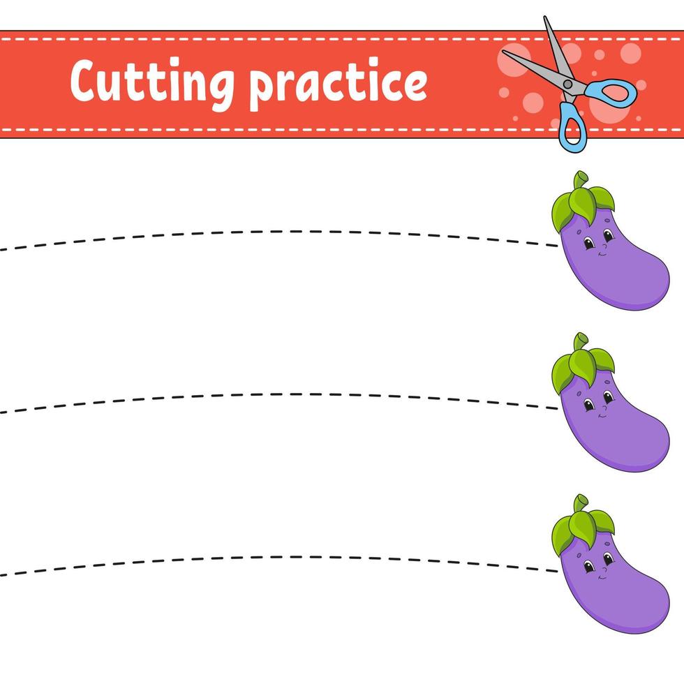 práctica de corte para niños. hoja de trabajo de desarrollo educativo. página de actividades con imágenes. juego para niños. ilustración vectorial aislada. personaje divertido. estilo de dibujos animados. vector