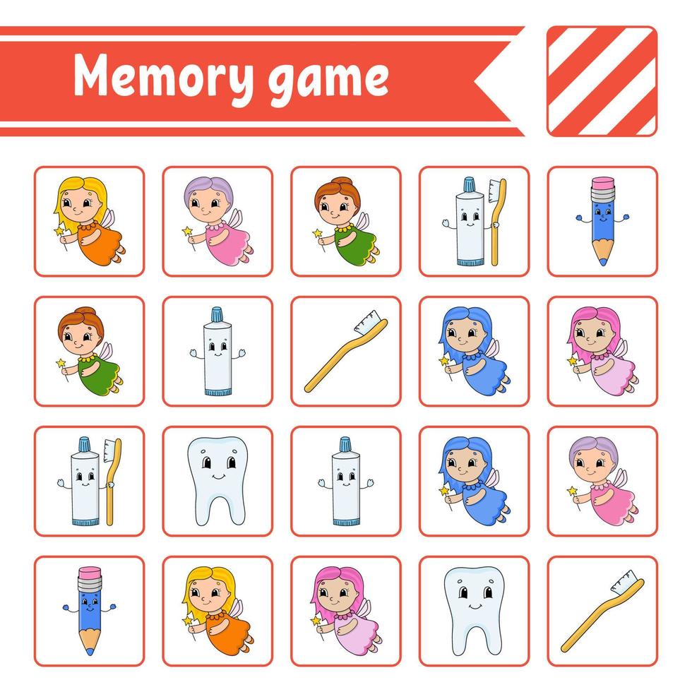 Memory game for kids. Education developing worksheet. Activity page with pictures. Puzzle game for children. Logical thinking training. Isolated vector illustration. Funny character. Cartoon style.