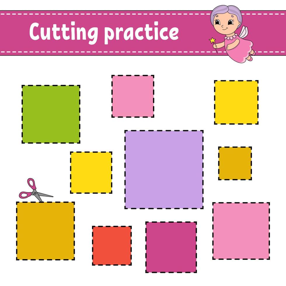 Cutting practice for kids. Education developing worksheet. Activity page with pictures. Game for children. Isolated vector illustration. Funny character. Cartoon style.
